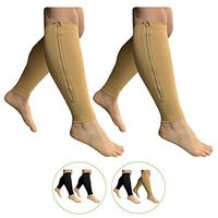 HealthyNees Footless 15-20 mmHg Zipper Compression Leg Calf Shin Sleeve 2 Pairs (Beige Combo, S/M)
