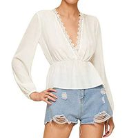 Beihxwe Women Deep V Neck Long Sleeve Blouse Sexy Lace up Backless Solid Lace Office Work Shirt Blouse (XL, White)