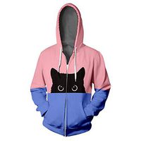 HIRIRI Couple Shirts Hoodie Cat Print Hooded Hip Hop Zipper Jacket Tops Color Block Long Sleeve Blouse Coat Pink