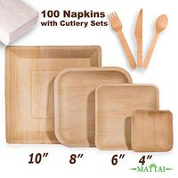 Mattai Palm Leaf Plates, Biodegradable & Compostable - Organic Sustainable Square Dinnerware set[Plates, Forks, Knives, Napkins] Bamboo & Wood Alternative (6" - 25 Pack)