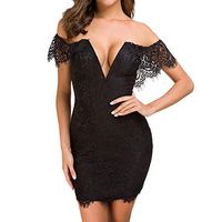 Sunhusing Ladies Sexy Deep V-Neck Hollow Lace Stitching Short Sleeve Skinny Hip Dress Low Chest Mini Dress(Black,M)