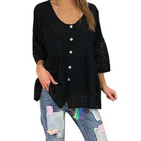 general3 Women Lace Tops Ladies Henley Shirts Loose Long Button Down Shirt Dress Linen Casual T-Shirt Blouse(Black,Large)