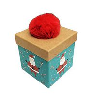Cute Santa Claus & Falling Candy Canes Red Fuzzy Pom Pom Embellished Small Decorative Holiday Gift Box (Cube)