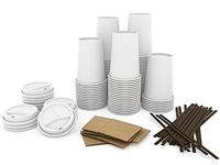 JUMBO Set of 110 - Paper Coffee Hot Cups, Travel Lids, Sleeves & Stirrers -12oz / 360ml - WHITE Paper Cups - to go Coffee Cups, Disposable Travel Mug & Cover Hot/Cold Coffee, Tea & Chocolate, Hot Coco