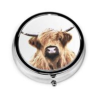 Round Pill Box Highland Cow Portrait Personalized Silver Steel Decorative Box Medicine Tablet Box for Pocket Or Wallet Unique Gift