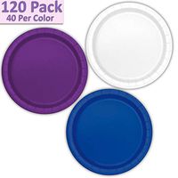 120 Paper Dessert Plates (7") - White, Deep Purple, Royal Blue - 40 Per Color, 3 Colors - Great Assortment for Birthday Parties, Weddings, Holidays, Baby Shower, Celebrations, and more