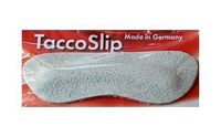 A PAIR OF TACCOSLIP TACCO SLIP FOOTCARE HEEL PROTECTORS. HEEL GRIPS HEEL GRIP SMOOTH AS VELVET. LIGHT GRAY COLOR. SUEDE LIKE TEXTURE. STOPS HEELS FROM SLIPPING. MADE IN GERMANY.