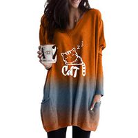 Sunhusing Women's Tie-Dye Cat Printed Loose V-Neck Long Sleeve Gradient Color Pocket Stitching Tunic Tops(Orange,L)