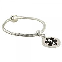 Pan-Dorra PRE-Engraved “Lymphedema Alert Right ARM” Stylish Medical Bracelet - Round Black Charm 8.50