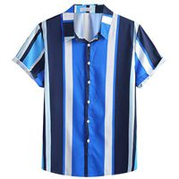 Sunhusing Men's Summer Casual Lapel Colorblock Striped Printed Short Sleeve Button Down Shirt T-Shirt Tops(Blue,M)