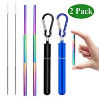Malier Telescopic Reusable Collapsible Straw, Rainbow Stainless Steel Metal Straws Food-Grade Drinking Straws Keychain Portable Set with Aluminum Case & Cleaning Brush - Blue & Black