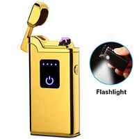 SunTime Dual Arc Lighter with Flashlight Double Plasma USB Rechargeable Flameless Windproof Mini Electric Lighter for Cigar Candle Cigarette Pipe (Gold)