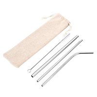 Oyov2L 5Pcs Reusable Straight Curved Stainless Steel Straw Set Creative Environmental Protection Set Titanium-Plated Bright Straw with Cleaning Brush Silver