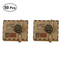 50pcs Vintage Inspired Airmail Design Favor Boxes Bonbonniere with Compass Kraft Paper Treat Boxes Wedding Favors Gift Boxes (with Compass and Hemp Rope)