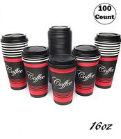 Large 16 oz 100 Count by EcoQuality - Classic Durable Disposable Paper Cups & Black Dome Lids For Hot/Cold Drink, Coffee, Tea, Cocoa, Travel - Large 16 Ounce Cups, 100 Count Cups & 100 Black Lids