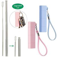 Yoocaa Metal Straws with Case, 2 pack Reusable Collapsible Straws, Foldable Pocket Straw with Cleaning Brushes & Key Chains, Pink & Blue