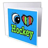 3dRose Bright Eye Heart I Love Hockey - Greeting Cards, 6 x 6 inches, set of 6 (gc_106170_1)