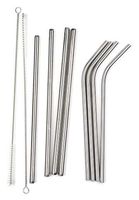 RSVP Set of four each 8-1/2-inch Endurance 18/8 Stainless Steel Bent Drinking Straws, and 8-1/2-inch Frozen Drink Straws, with 2 Cleaning Brushes