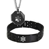 My Identity Doctor - Men's Custom Engraved Black Medical Alert Bracelet and ID Necklace - Stainless Steel, 7.75 Inches