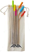 Metal straws Stainless Steel straws reusable - AINIA - 6 different sizes assorted sizes variety pack (3 bent + 3 straight straws) with travel pouch, 2 brushes and 6 silicone tips