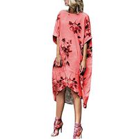 MODOQO Longuette Dress,Casual Women Floral Printed O Neck Plus Size Dress Mid Length(Red,CN-M/US-XS)
