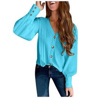Cenglings Shirt,Women's Casual V Neck Long Sleeve Button Down Blouse Loose Solid Color Puff Sleeve Oversized Knitted Tops Blue