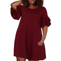 WENOVL Plus Size Dresses,Women Summer Ruffles Sleeve Plus Size Solid Loose Casual Swing Dress with Pocket Red