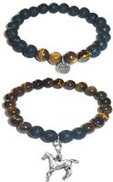 Hidden Hollow Beads Charm Tigers Eye and Black Lava Natural Stone Women's Yoga Beaded Stretch Bracelet Set. Comes in A Gift Box! (Horse)