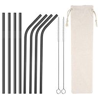 Reusable Stainless Steel Metal Straws 8.5 inch Metal Drinking Straw for 20 oz Tumblers Cups Mugs, Cleaning Brush and Cloth Bag Included (4 Straight and 4 Bent Drinking Straws Black Color)