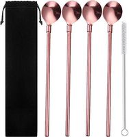 Reusable 10 Inch Stainless Steel Spoon Straws - WEEGCN 4-Pack Drinking Straws Mixing Spoon for cold cereal, Ice Cream, Milkshakes, Smoothies with Cleaning Brushes & Storage Pouch,Rose Gloden