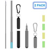 2 Pack Collapsible Reusable Straws Telescopic Stainless Steel Metal Straws with Portable Aluminum Travel Case & Cleaning Brush & Keychain & Silicone Tips for Cold or Hot Drink(Deep Gray/Black)