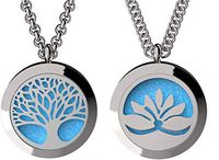 Tree of Life and Open Lotus Essential Oil Diffuser Necklace Stainless Steel Pendants with 24" Chains + 12 Refill Pads