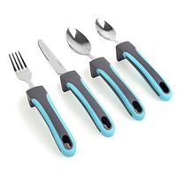 KMD Adaptive Utensils Set with Weighted and Self-Standing Handles (4-Piece), Fork, Knife, and 2 Spoons for Arthritis, Parkinson’s, Tremors, Elderly or Disabled (Blue)