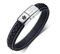 VNOX Type 2 Diabetes Medical Alert ID Two-Tone Genuine Leather Magnetic Cuff Bracelet for Men Women