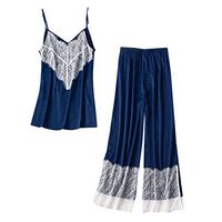 💫GateLie Women's Sexy Lace Patchwork Lingerie Suits Sling Vest and Trousers Wide Leg Palazzo Underwear Pajamas Sleepwear 2PCS (Blue)