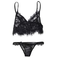 Aoaoingy Womens Babydoll Lingerie Sheer Eyelash Lace Bra Set Underwear Cutout Solid