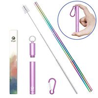 Collapsible Metal Straws Telescopic Reusable Rainbow Foldable Straws Eco-Friendly for Drinking Reusable Straws with Case Keychain Cleaning Brush Portable Stainless Steel 9.25 Inch 1 Pack(Purple)