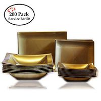 Tiger Chef 200-Pack Gold Rectangle Hard Plastic Plate Set. Dinnerware Service for 50, Disposable or Reusable