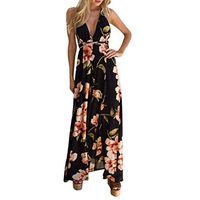 Howstar Womens Halter Floral Deep V Long Dress Backless Side Slit Sleeveless Evening Party Maxi Dresses Black (XL)