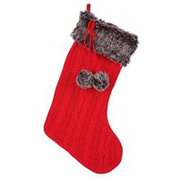 Red Cable Knit Christmas Stocking - 20" H, 8" W, Red Fur Boot Cuff, Fluffy Pompoms, Soft, Knitted Boot, Boxing Day, Gifts, Presents, Decoration