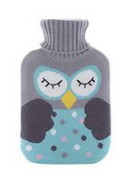Large 2 Liter Classic Rubber Hot Water Bottle with Gray Soft Knit Cover Blue Owl