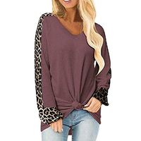 〓COOlCCI〓Womens Long Sleeve Leopard Print Patchwork Tops, Casual T Shirts Twist Knot Tunics Tops Blouses Sweatshirt Red