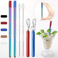 Skoloo Stainless Steel Metal Straws, Rainbow Collapsible & Reusable Straws with Case Keychain & Cleaning Brush & Silicone Tip, Blue & Red Case (2 Pack)