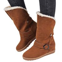 Cenglings Women Suede Round Toe Flat Solid Color Snow Boots Slip-On Keep Warm Faux Fur Mid-Calf Boots Buckle Party Shoes