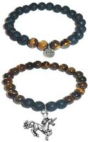 Hidden Hollow Beads Charm Tigers Eye and Black Lava Natural Stone Women's Yoga Beaded Stretch Bracelet Set. Comes in A Gift Box! (Unicorn)