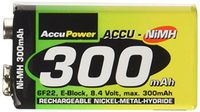 AccuPower 9 Volt 300 mAh Rechargeable NiMH Battery PP3