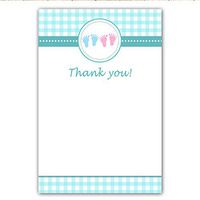 30 Blank Thank You Cards Teal Turquoise Pink Ginham Baby Feet Boy Girl Twins Shower Siblings + 30 White Envelopes