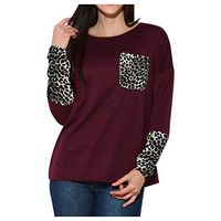 Willow S Tops for Women Sexy Striped Leopard Print Long Sleeve Panel Round Neck Top