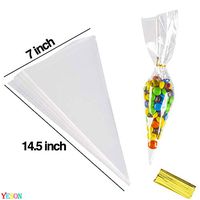 YESON Clear Cone Bags Cellophane Treat Plastic Transparent Cello Bags with Twist Ties,Pack of 100