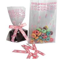 Weststone Bags and Bows - 25pcs 4"x6" Pink Footprints Bags and Ribbon Bows for Girl Baby Shower Party